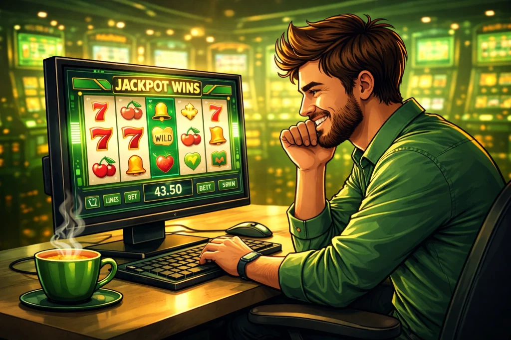 Man playing online casino slots on computer at Spin101 Casino platform interface with modern gaming dashboard